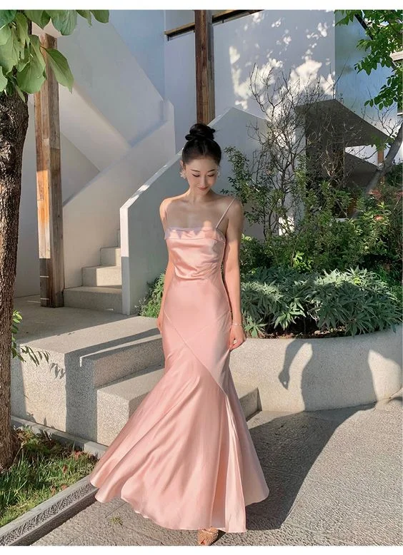 Members Only Pink Spaghetti Straps Mermaid Long Party Dress,DP1884
