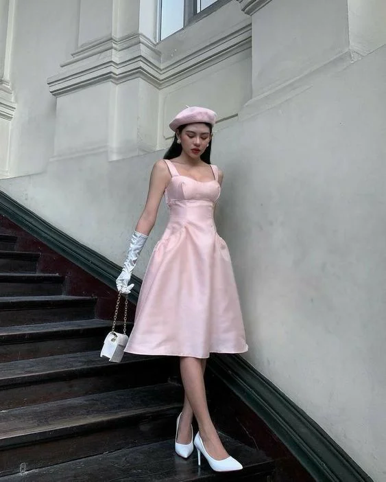 Big Discounts Sweet Pink Strpas A-Line Knee Length Party Dress,DP1823
