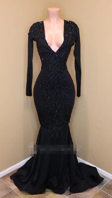 Value Deals Elegant V-Neck Long Sleeves Appliques Sequins Mermaid Zipper Prom Dresses,BD1499