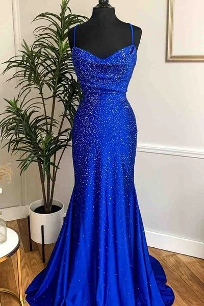 Daily Deals Royal Blue Beaded Cowl Neck Mermaid Long Prom Dress,DS4699