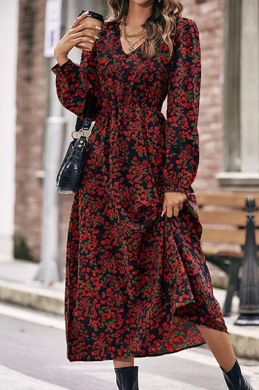 Weekend Flash Sale WOMEN DEEP NECK LONG SLEEVE FLORAL PRINTING DRESS