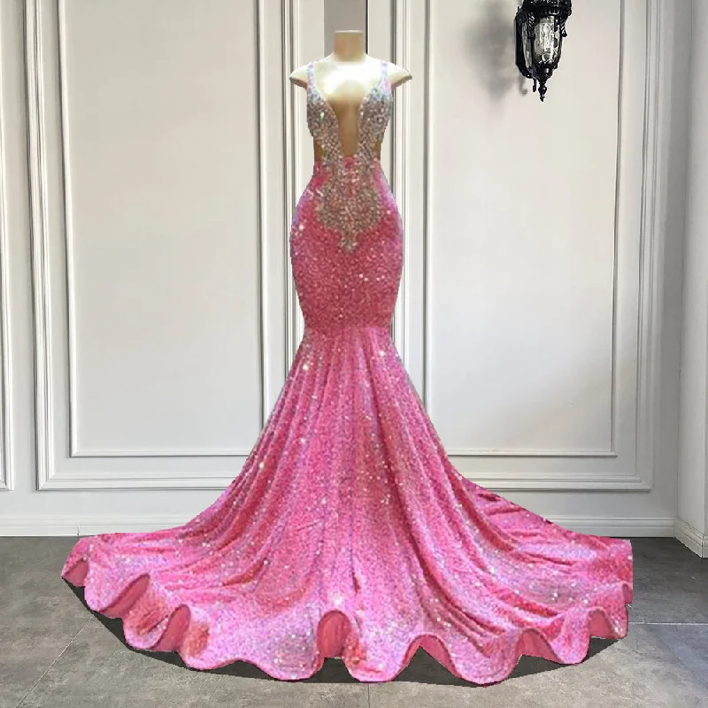 Super Sale pink prom dresses, deep v neck prom dresses, sparkly prom dresses, 2022 evening dresses,DS4493