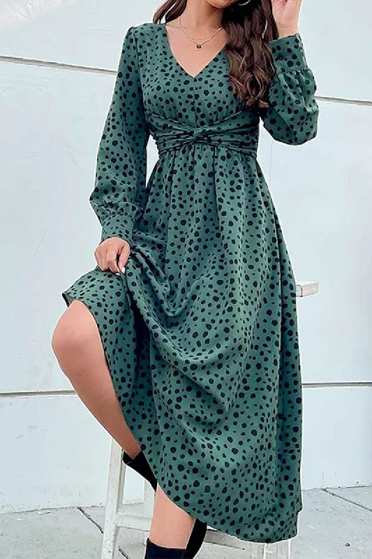 Shop and Save SHIRRING WAIST LEOPARD PRINT LONG DRESS
