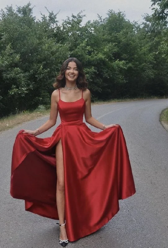 Deep Discounts Red Spaghetti Straps A-Line Long Party Dress with Slit, DP1996