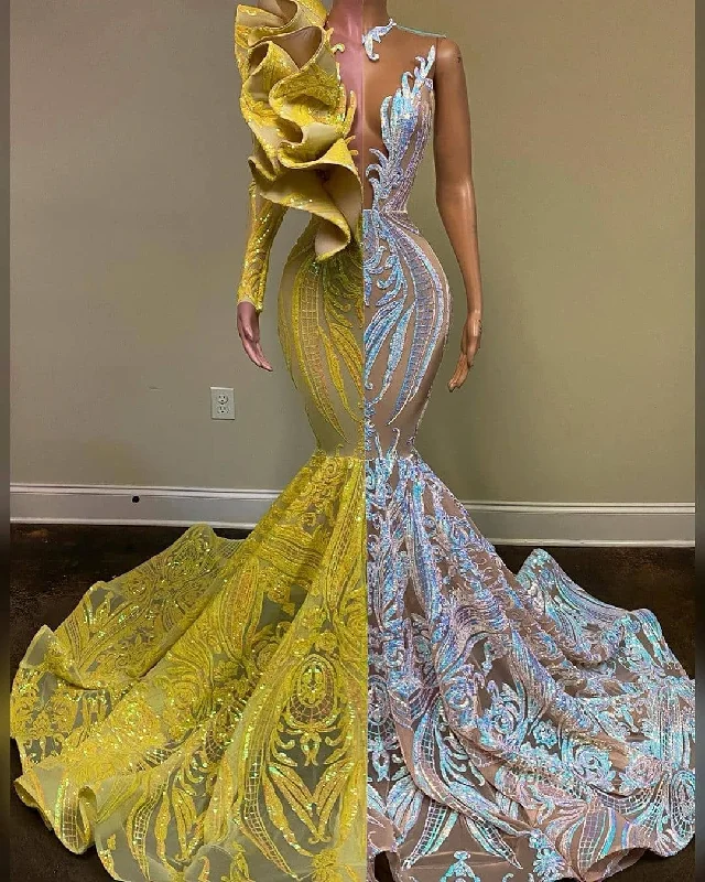 Grand Opening Sale Gorgeous Bicolor Tddecoration V-neck One Shoulder Long Sleeve Floor-length Mermaid Prom Dresses,DS4748
