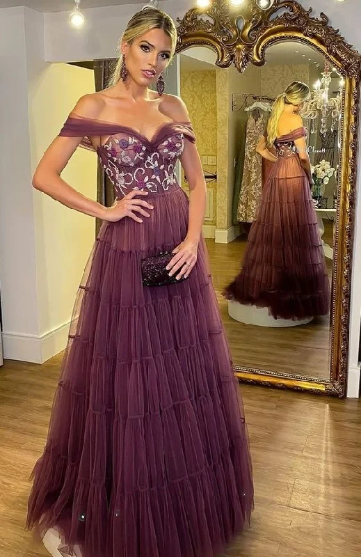 Can't Miss Dark Purple Off Shoulder A-Line Tulle Long Prom Dress,DP1774
