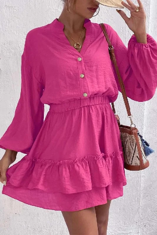 Deal of the Week WOMEN ELASTIC HIGH WAIST BUTTON NECK RUFFLE DRESS