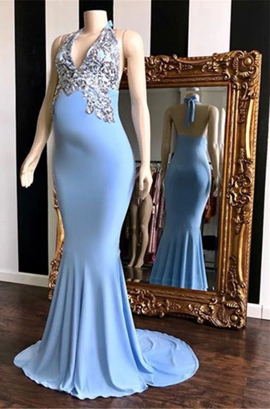 Quick Sale Sheath Blue Halter Backless Beaded Maternity Prom Dresses,DS4499