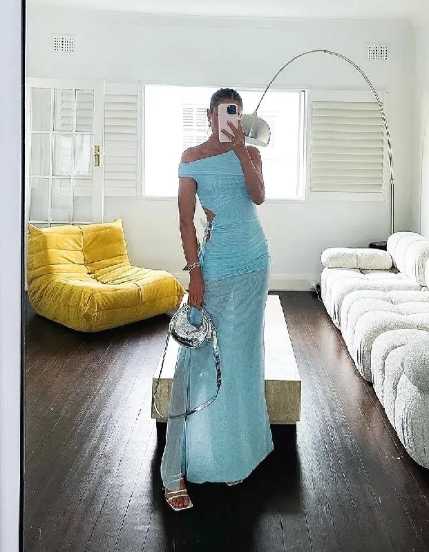 Super Deal Pale Blue Chic Wedding Guest Dress Long Party Dress with Slit, DP2007
