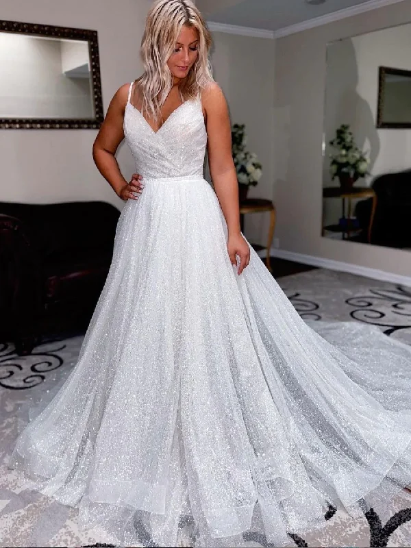 Crazy Deals Simple White A-Line Sequin Long Prom Dress, White Formal Evening Dresses,DS4620