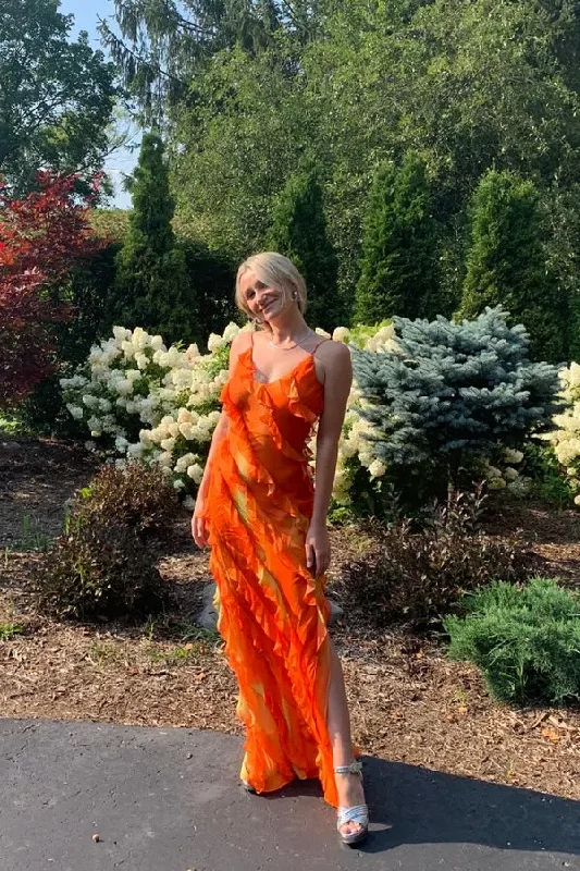 New Markdowns Orange Spaghetti Straps Mermaid Long Party Dress Wedding Guest Dress,DP1896