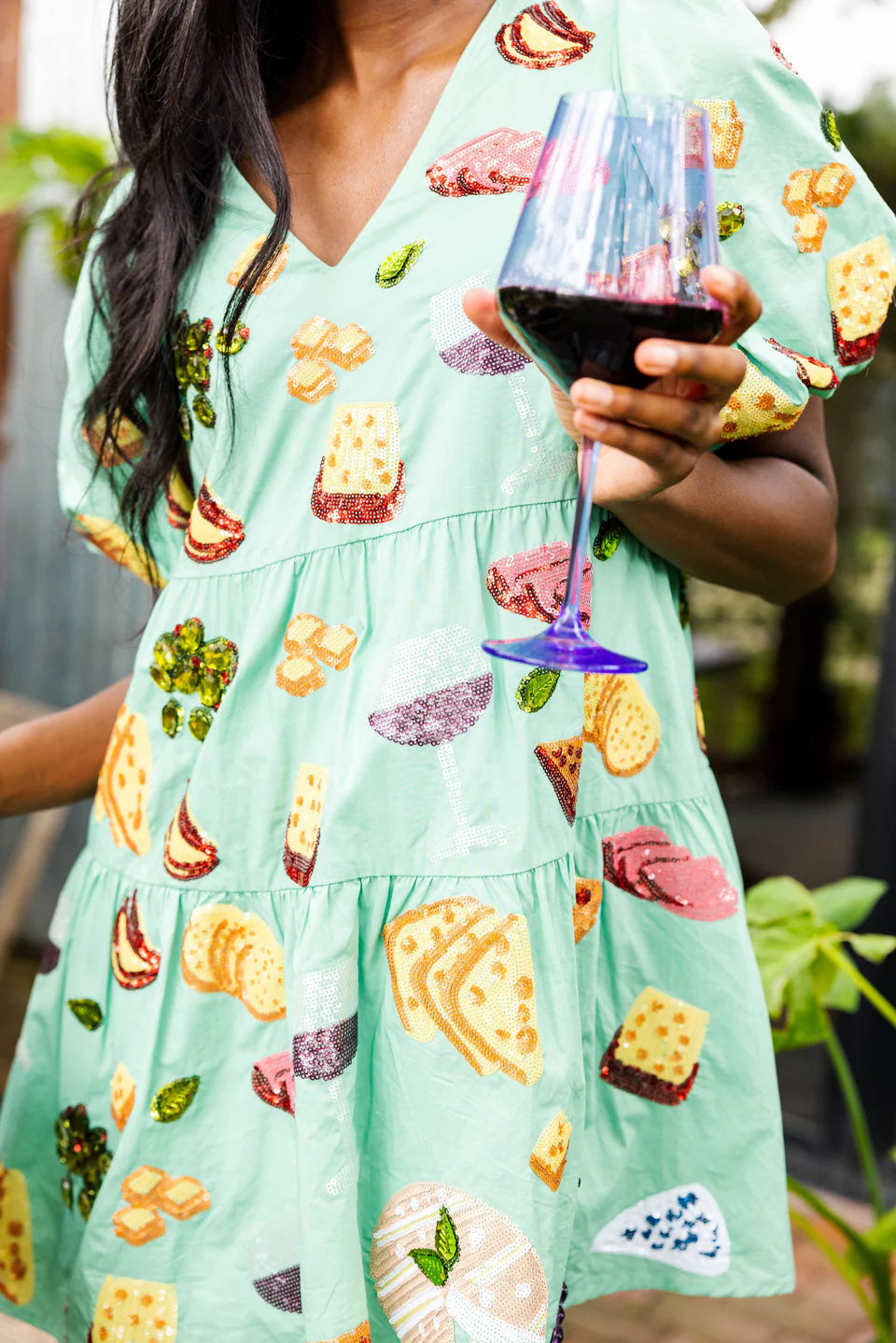 Seasonal Clearance Mint Wine & Charcuterie Poof Sleeve Dress
