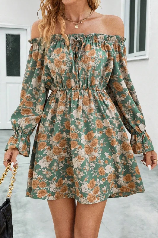 Can't Miss WOMEN SHIRRED OFF SHOULDER FLORAL MINI DRESS