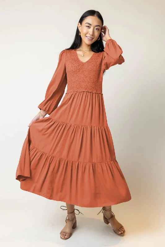 Don't Wait WOMEN LONG SLEEVE SMOCKED TIERED NEW AUTUM DRESS