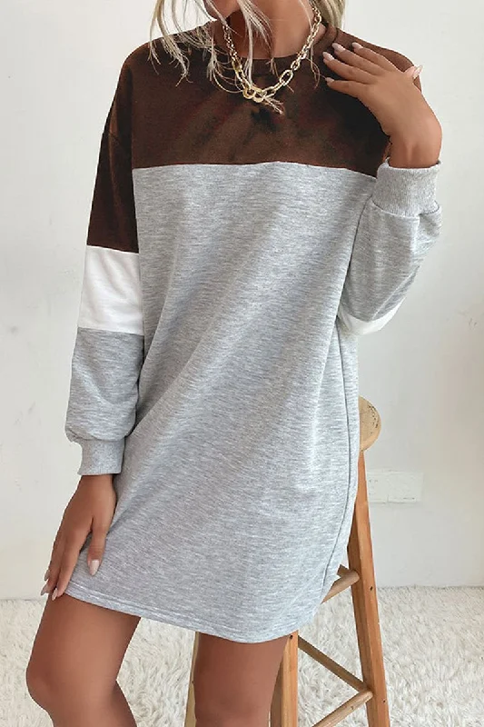 Price Slash WOMEN LONG SLEEVE COLOR BLOCK COZY SHOR DRESS