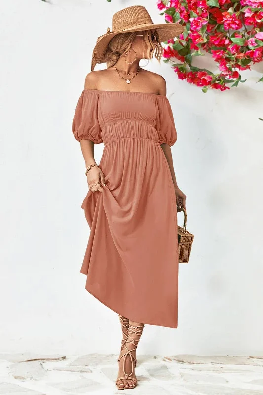 Savings Event A STRAIGHT SHOULDER SHORT SLEEVE LONG DRESS_CWDMD1212