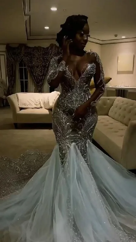 Amazing Deals Black Girl Mermaid Tulle Long Sleeves Evening Party Dress,BL18607