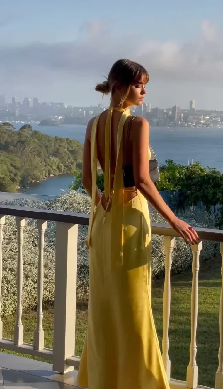 Today’s Deal Yellow Halter Backless Satin Elegant Long Party Dress, DP2003