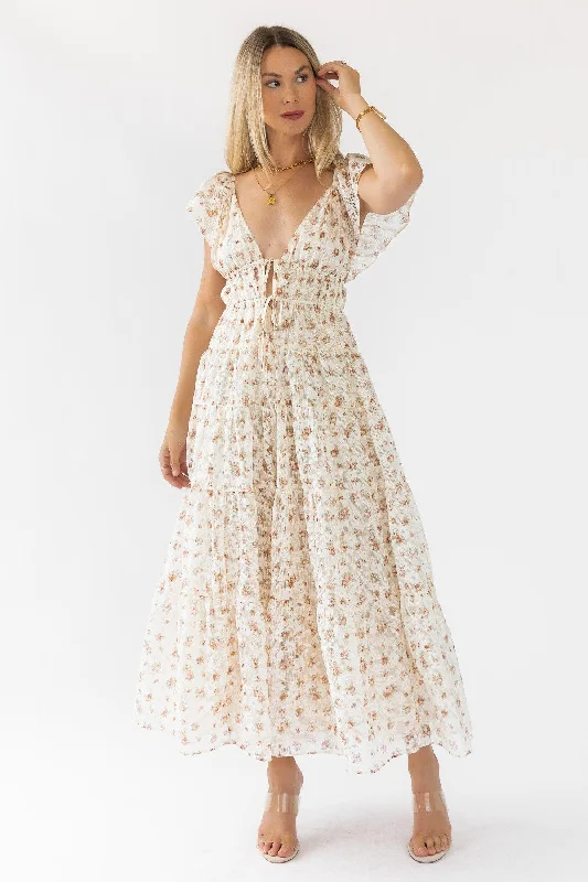 Discount Extravaganza Jesslyn Cream Peach Floral Maxi Dress
