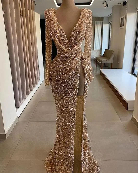 Special Buy Sparkly Prom Dresses, Deep V Neck Prom Dresses, Long Sleeve Prom Dresses, Arabic Prom Dresses, Side Slit Prom Dresses,DS4736