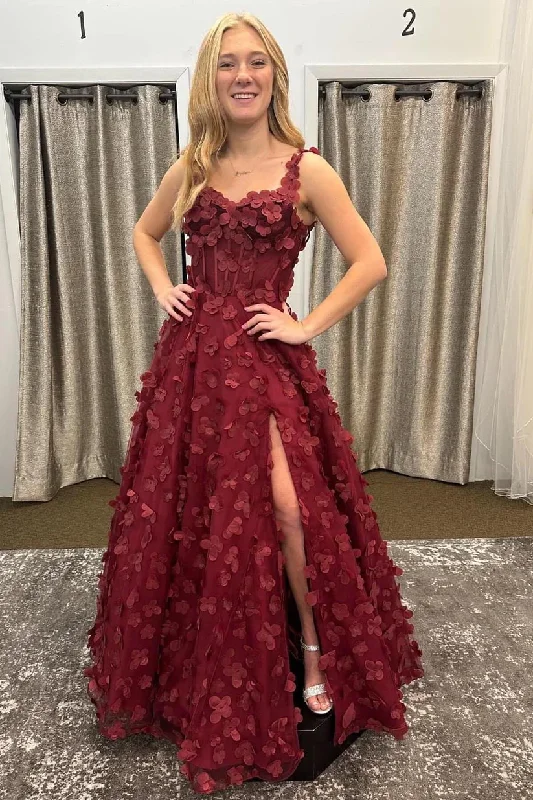 Instant Discount Burgundy 3D Flowers A-line Long Prom Dress Formal Gown, DP2013