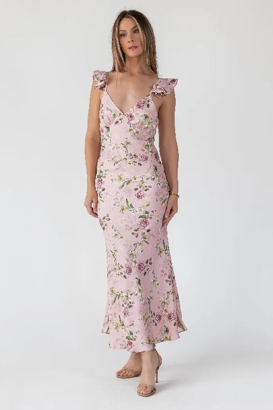 Exclusive Preview Blush Floral Flutter Strap Maxi Dress