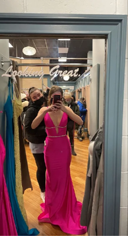 Crazy Savings Hot Pink V Neck Backless Mermaid Long Prom Dress,DP1827