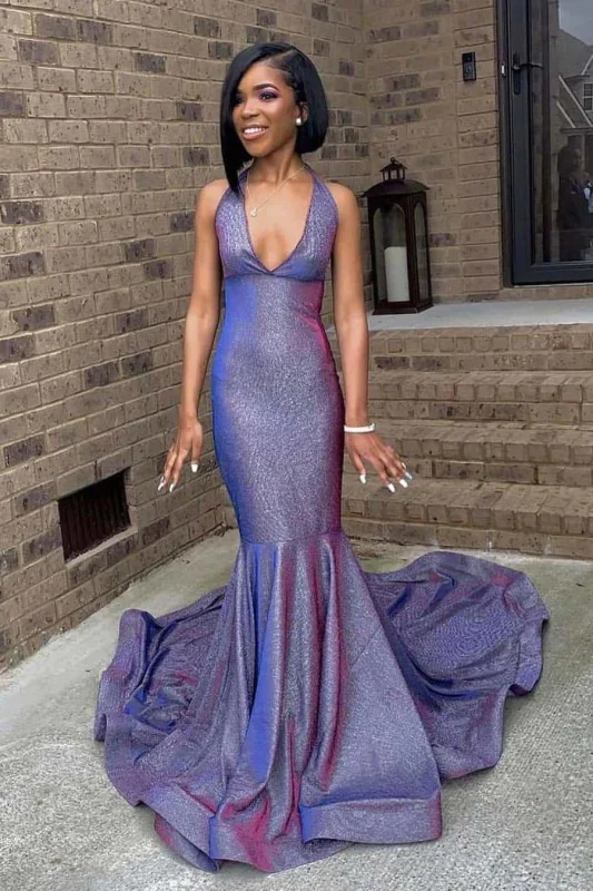Midnight Madness Shiny Halter Sleeveless Backless Prom Dresses with Train,DS4454
