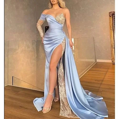 Limited Quantity Mermaid / Trumpet Evening Dresses See Through Dress Formal Evening Sweep / Brush Train Long Sleeve Halter Neck Charmeuse with Sequin Slit 2022,DS4753