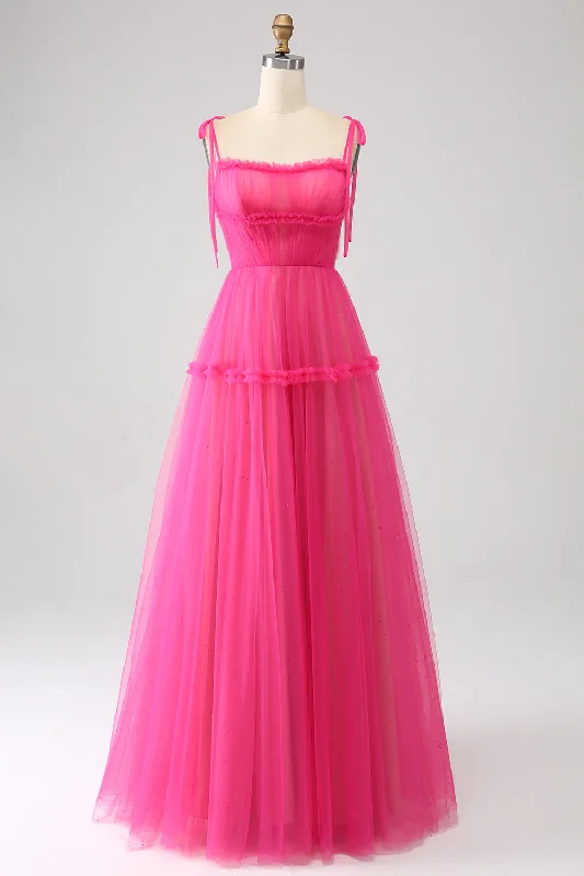 Discount Extravaganza Hot Pink Princess A-Line Spaghetti Straps Tulle Long Prom Dress,DP1864