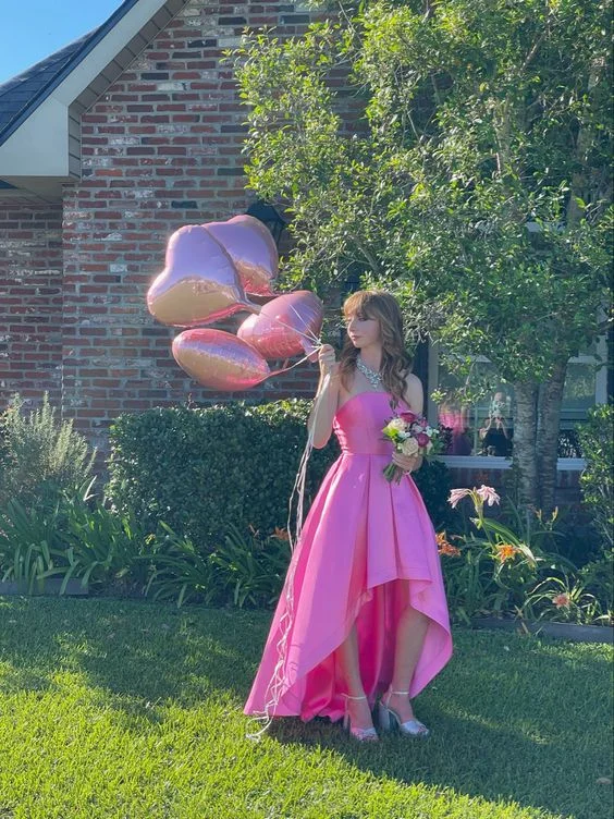 Steals and Deals Pink Strapless High-Low Satin Birthday Party Dress,DP1840