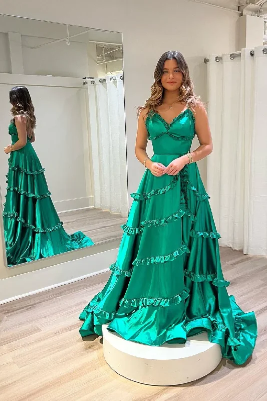 Price Rollback Green Straps Ruffles V Neck A-Line Long Prom Dress, DP2009