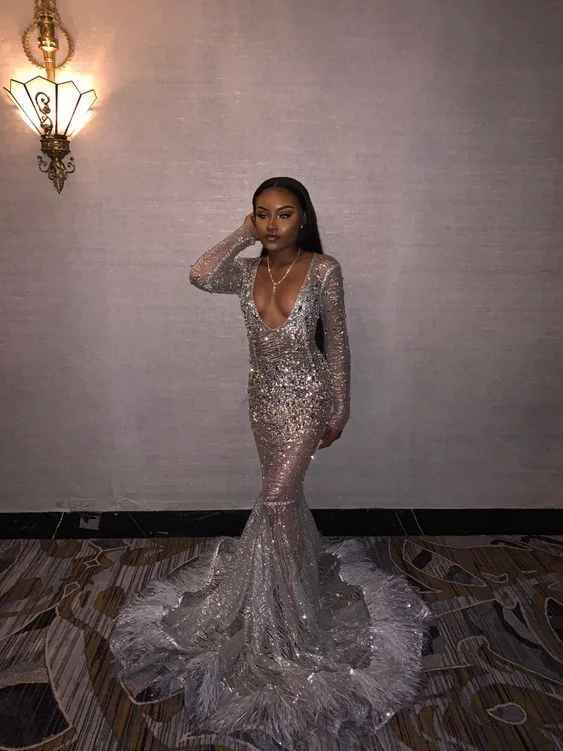 Deal Frenzy Sexy Mermaid Prom Dress Sequins Long Sleeves Black Girl Prom Dresses ,DS4904