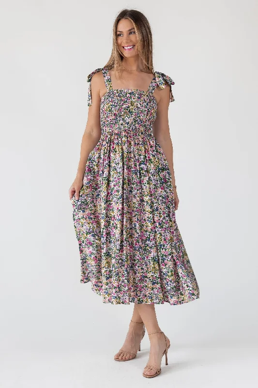 Savings Alert Pink Floral Smocked Midi Dress