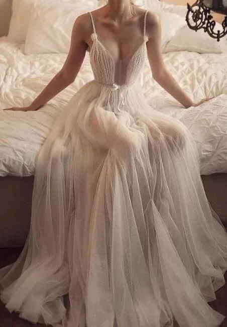 Super Sale Simple champagne tulle long prom dress, champagne tulle evening dress,DS14000