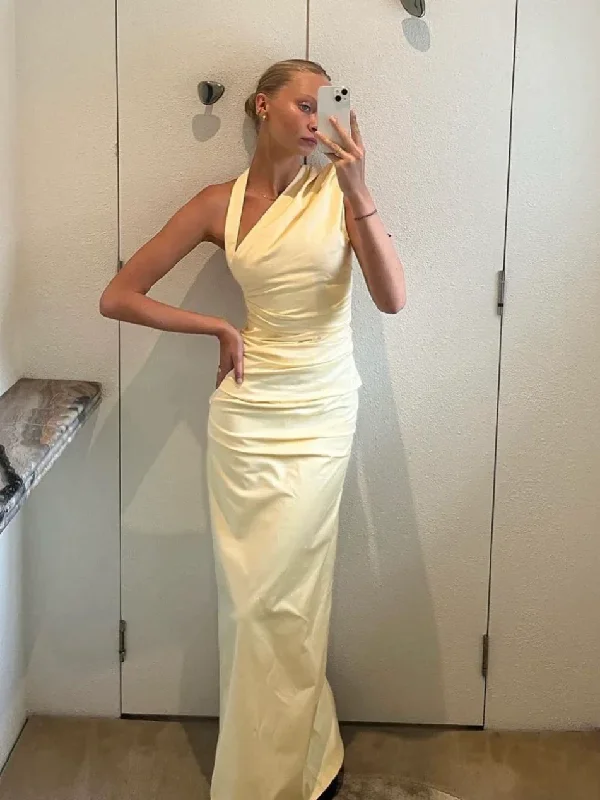 Sneak Peek Sale Light Yellow Halter Party Dress Wedding Guest Dress, DP2026