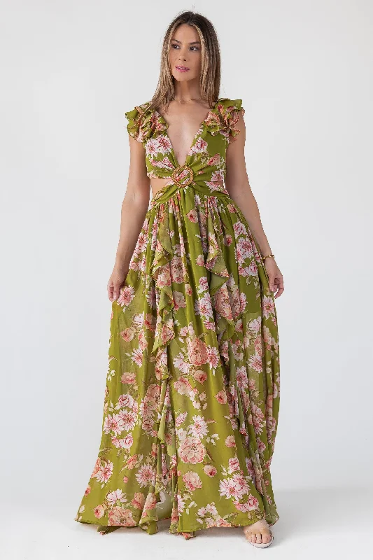 Price Meltdown Green Floral Cutout Frilly Maxi Dress