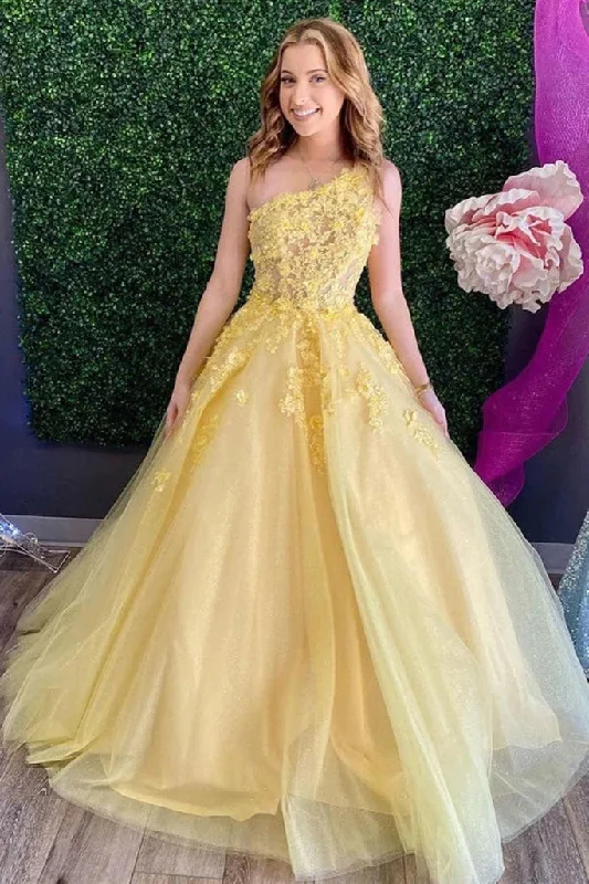 Deal Mania Yellow Lace One Shoulder Prom Dresses A Line Evening Gowns,DS4889