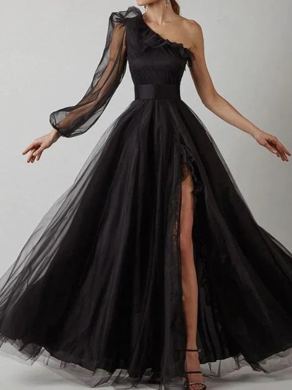 Extra Discounts Women's Dresses Sloping Shoulder Long Sleeve Split Evening Dress,DS4653