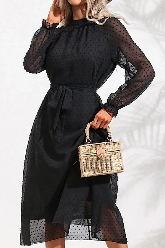 Limited Time Discount TIED WAIST LONG RUFFLED SLEEVE DOT MESH DRESS