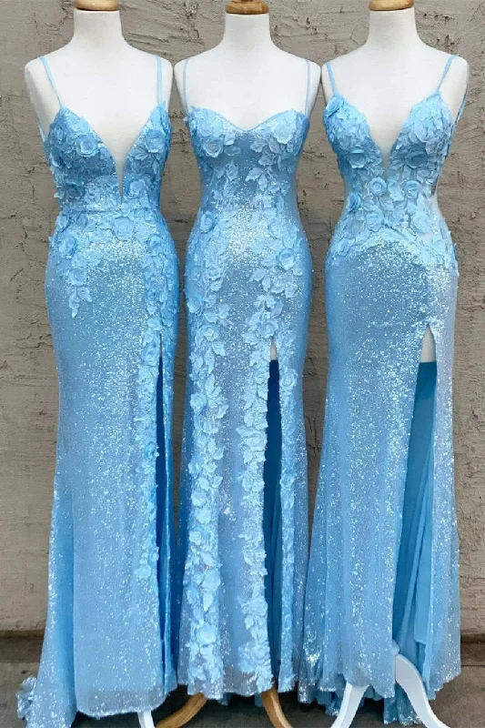 YEAR-End Sale Glitter Sky Blue Sequins Long Prom Dress with Flower Appliques,DS5003