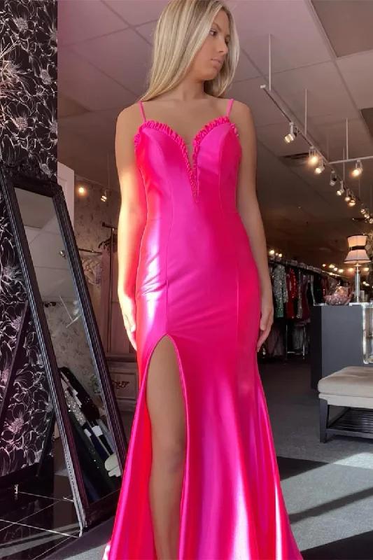 Epic Deals Hot Pink Satin Mermaid Long Prom Dress with Slit, DP2016