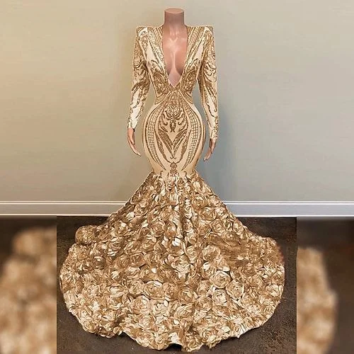 Super Deal Mermaid / Trumpet Sparkle Sexy Engagement Formal Evening Dress V Neck Long Sleeve Chapel Train Sequined with Sequin 2022,DS14003