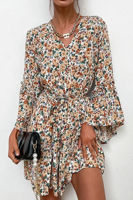 Reduced Prices RUFFLED V NECK FLORAL SHORT DRESS
