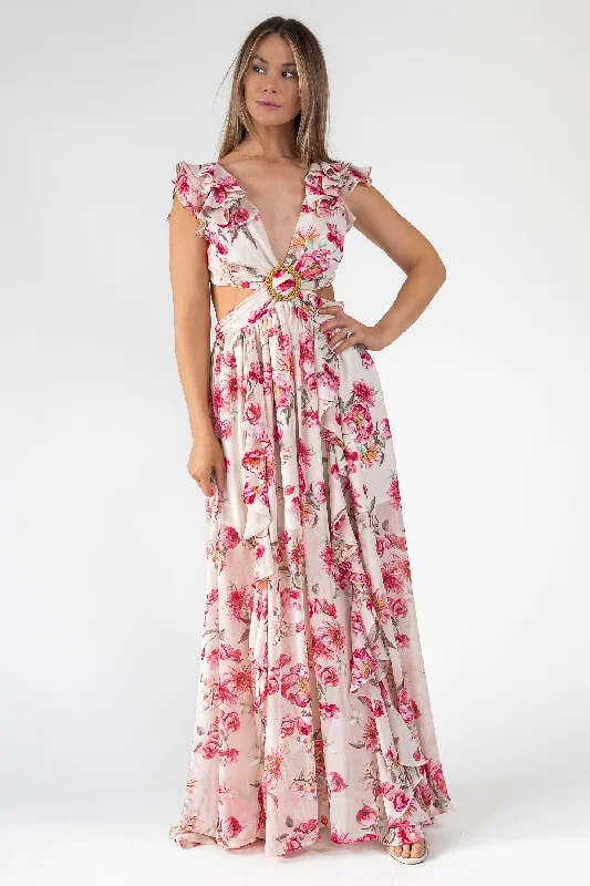 Warehouse Sale Pink Floral Cutout Frilly Maxi Dress