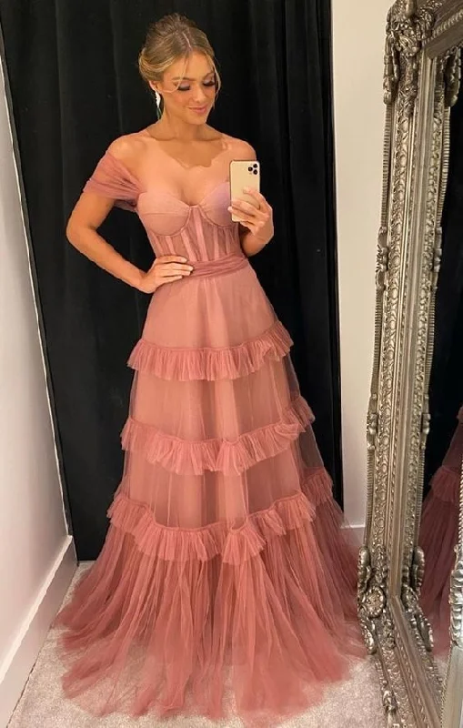 Price Buster Pink Off Shoulder A-Line Tulle Long Party Dress,DP1782