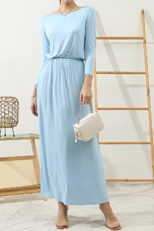 Deal of the Day ROUND NECK WAIST BANDED MAIX LONG SOLID DRESS