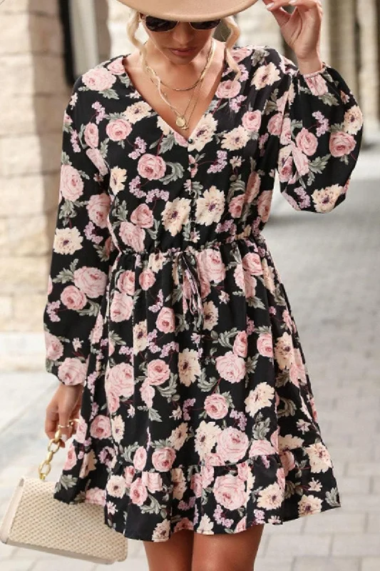 Instant Discount V NECK BIG FLORAL PRINTING RUFFLED SHORT DRESS