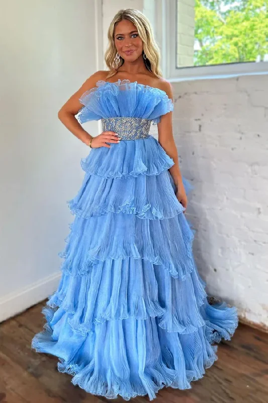 Bargain Prices Blue Strapless A-Line Tiered Long Prom Dress Evening Gown,DP1776