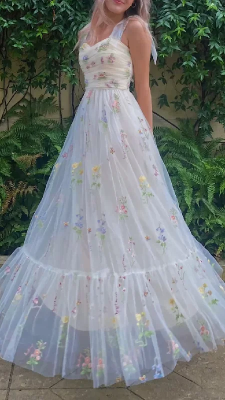 Online Specials White A-Line Straps Floral Embroidery Long Party Dress,DP1900